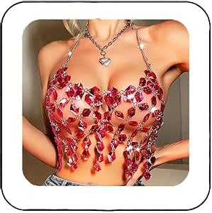 Amazon Aukmla Women Rhinestones Bra Chain Top Pink Halter Crystal Crop Tops Beach Bikini