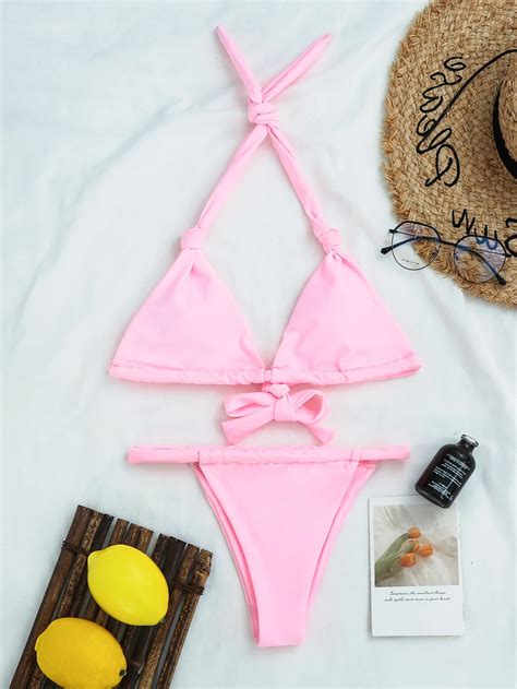Knot Detail Halter Thong Bikini Swimsuit Shein Usa