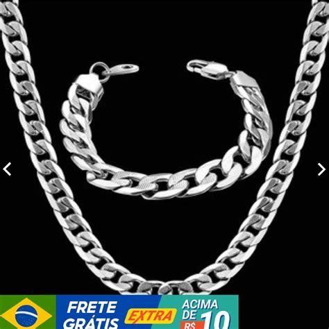 kIT Cordão Corrente e Pulseira 70 cm Barato Aço Cirúrgico Inox 6 mm