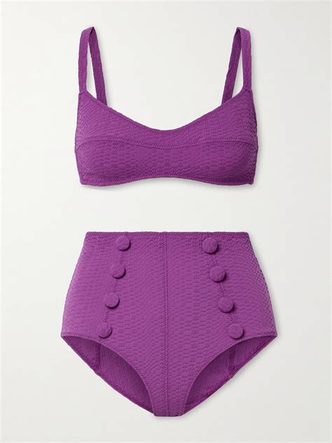 Lisa Marie Fernandez Net Sustain Button Embellished Seersucker Bikini