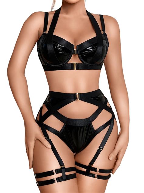 Kaei Shi Sexy Lingerie For Women Garter Belt Thong Leather Lingerie Strappy Underwear Lingeries