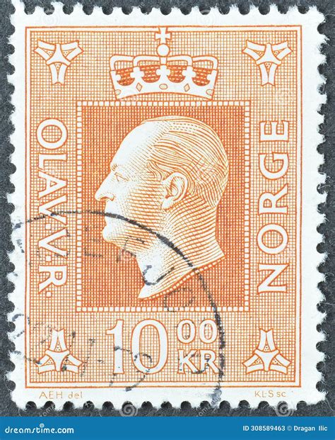 Cancelled Postage Stamp Printed By Norway That Shows Portrait Of King