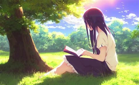 An Anime Girl Sitting Under A Tree Reading A Book Stable Diffusion