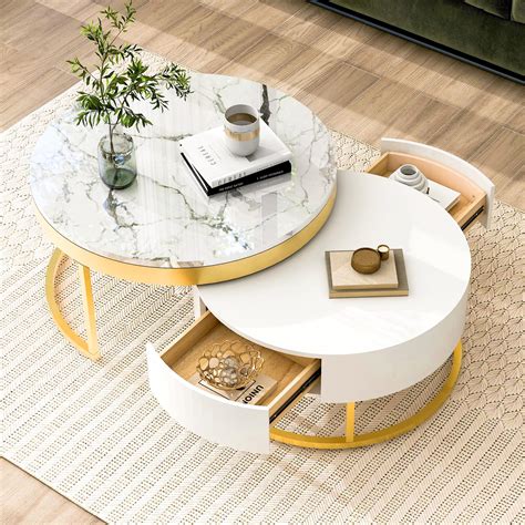 Amazon.com: Modern Round Nesting Coffee Table with Drawers in White ...