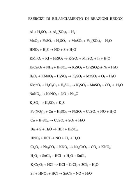 Esercizi Bilanciamento Redox ESERCIZI DI BILANCIAMENTO DI REAZIONI