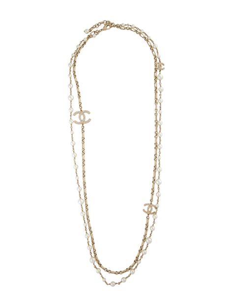 Chanel Faux Pearl Strass Cc Double Strand Necklace Gold Plated