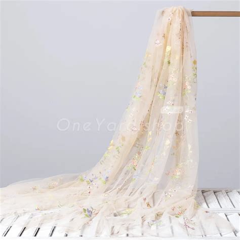 Fairy Floral Embroidered On Natural Nude Color Mesh OneYard
