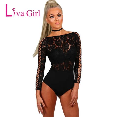 Liva Girl Sexy Black Long Sleeve Bodysuit Elegant Women Lace Lattice