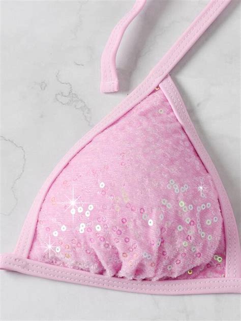 Shein Swim Sxy Sparkly Sequin Bikini Set Micro Triangle Bra Thong Bottom Piece Bathing Suit