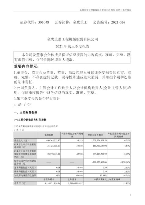 金鹰重工：2021年第三季度报告