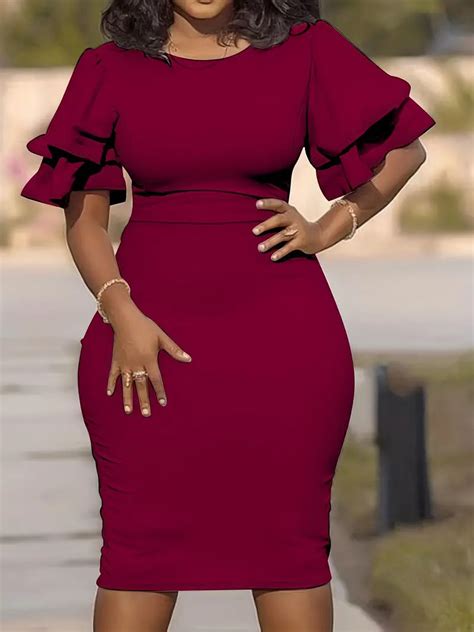 Plus Size Ruffle Trim Solid Round Neck Bodycon Dress Womens Temu