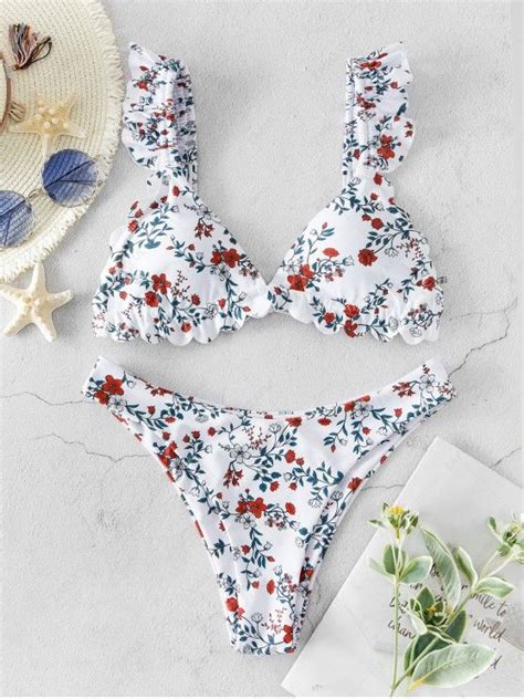 Off Zaful Floral Ruffle High Leg Bikini Swimwear In Multi A