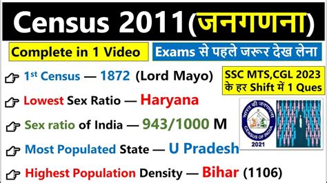 Census 2011 Complete Census In One Video Most Populated State Sex Ratio Of India Ssc