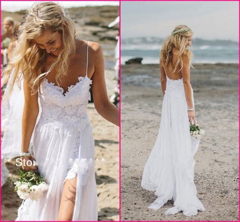 Stunning Vintage Boho White Beach Low Back Wedding Dresses Gowns ...