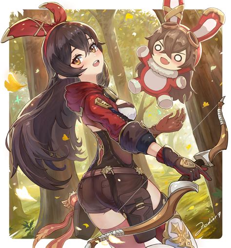 amber and baron bunny (genshin impact) drawn by edy_setiawan_wijaya