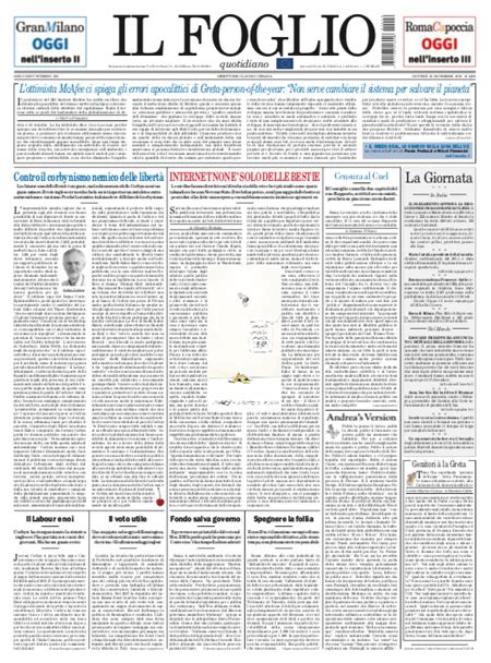 Le prime pagine di giovedì 12 dicembre 2019 Il Post