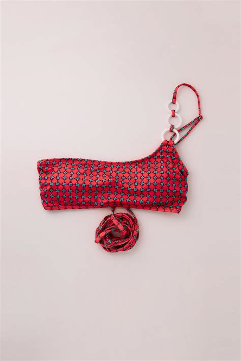 Kadın Kırmızı Renkli Retro Desenli Bağlamalı Bikini Üst