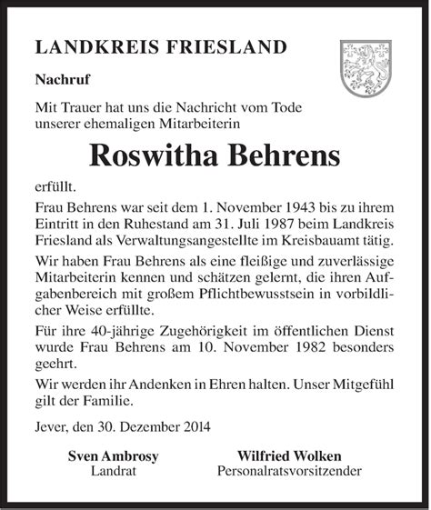 Traueranzeigen Von Roswitha Behrens Nordwest Trauer De