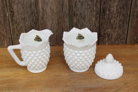 Vintage Fenton Hobnail Milk Glass Creamer And Sugar Set Tall Cream Pitcher And Bowl W Lid