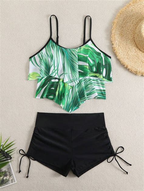 Pcs Set New Tropical Leaf Print Ruffle Trim Vacation Beach Crop Top Bikini Set Festival Boho