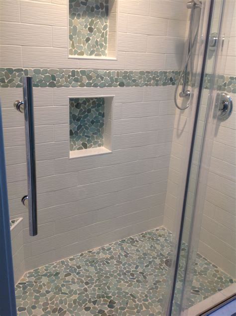 Sliced Sea Green Pebble Tile Shower Floor And Niche Bathroom Redo