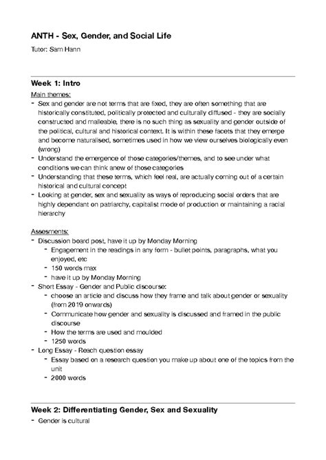 ANTH Notes ANTH Sex Gender And Social Life Tutor Sam Hann Week Intro Main Themes