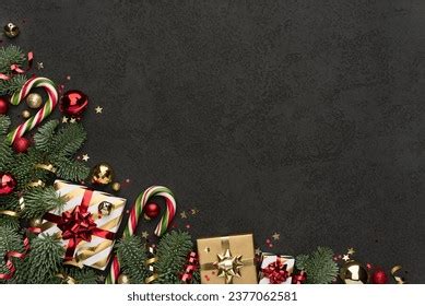 Christmas Decoration Border On Black Background Stock Photo