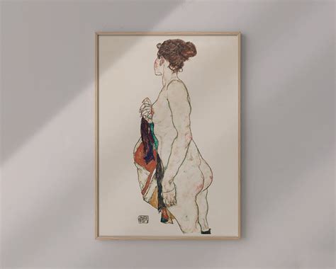 Standing Nude Woman With A Patterned Robe 1917 By Egon Schiele Original Female Line Art Drawing