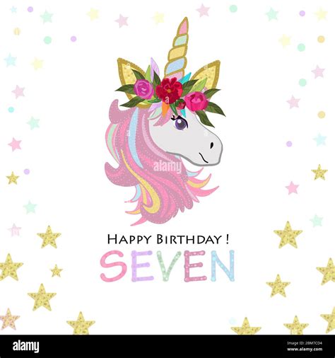 Seventh Birthday Greeting Seven Text Magical Unicorn Birthday Invitation Party Invitation