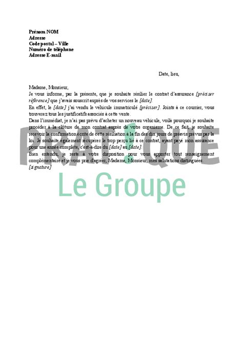 Lettre résiliation d un contrat d assurance auto suite à la vente du