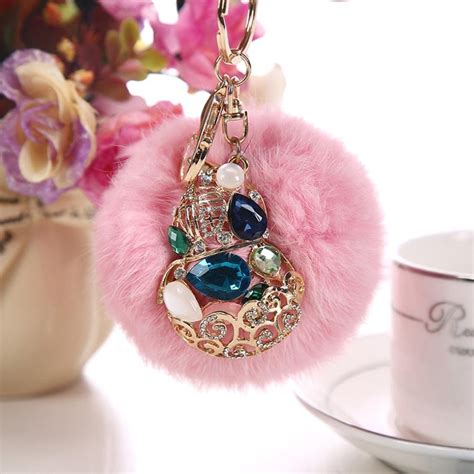 AutumnFall Rabbit Fur Ball Rhinestone Keychain Bag Plush Key Ring Car