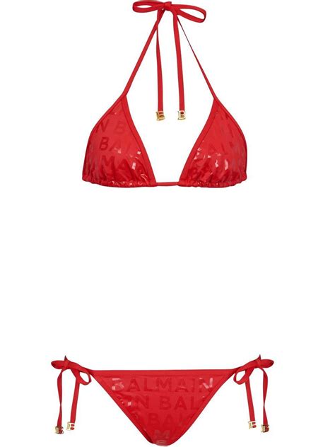 Buy Balmain Logo Print Triangle Bikini Set Red At Off Editorialist
