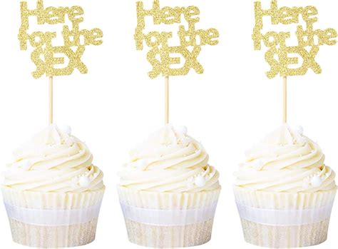 Amazon Ercadio Pack Here For The Sex Cupcake Toppers Gold Glitter Gender Reveal Cupcake