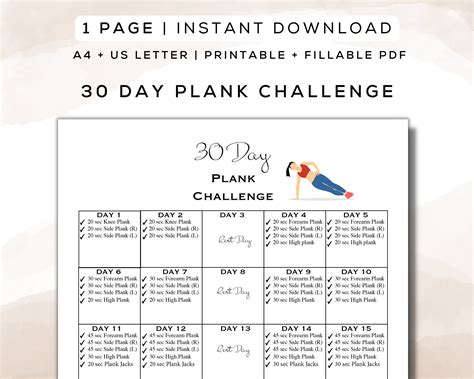 30 Day Plank Challenge Workout Plan Printable + Fillable PDF | Fitness