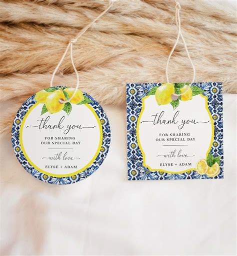 Positano Blue Tile Lemon Thank You Favor Tag Italian Lemon Bridal