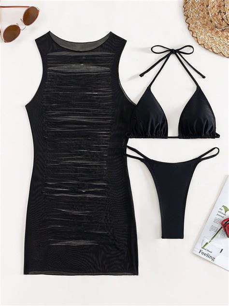 Halter Triangle Bikini Swimsuit With Cover Up Shein Usa