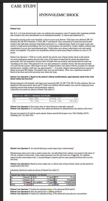 CASE STUDY HYPOVOLEMIC SHOCK Patient Case M KL Chegg