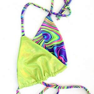 Reversible Triangle Slide Bikini Top In Glow Worm Lime Holographic W Glow Worm Straps 154671