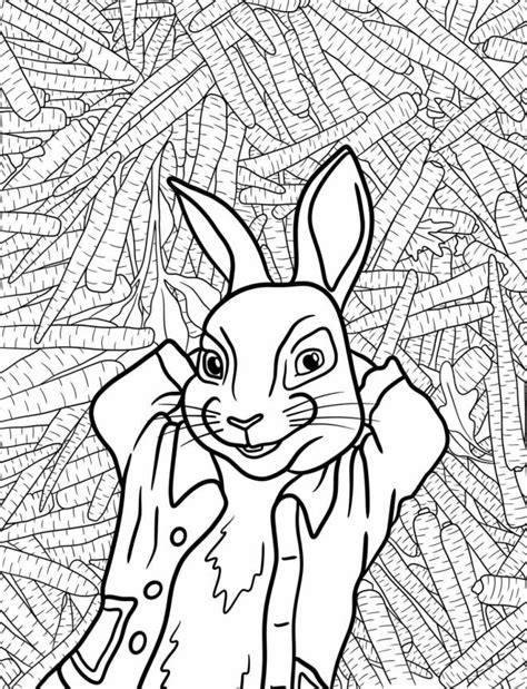 Coloriage Peter Rabbit allongé sur un lit de carottes