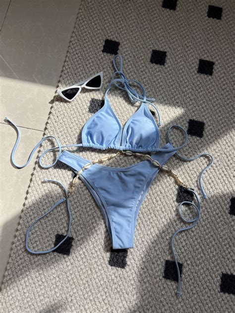 Conjunto de Bikini cruzado Renyu traje de baño Rosa cadena realce microbañador Sexy Tanga playa