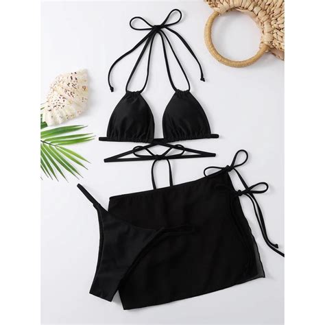 Jual Bikini Swimsuit Baju Renang Three Piece 3pcs Polos Hitam Chiffon