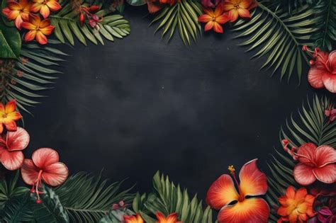 Un Marco De Flores Tropicales Con Fondo Negro Foto Premium