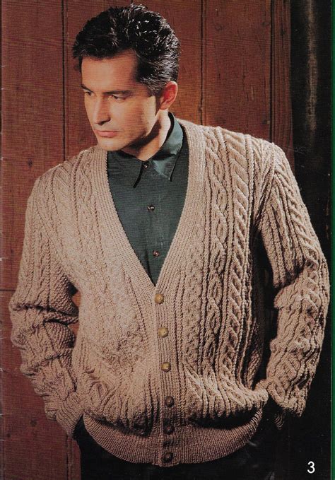 Mens Aran V Neck Cardigan Knitting Pattern Dk 8 Ply Yarn Or Wool 34 44