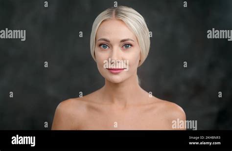 Beautiful Naked Female Model Smiling Posing Isolated At Black Studio Background Stock Video