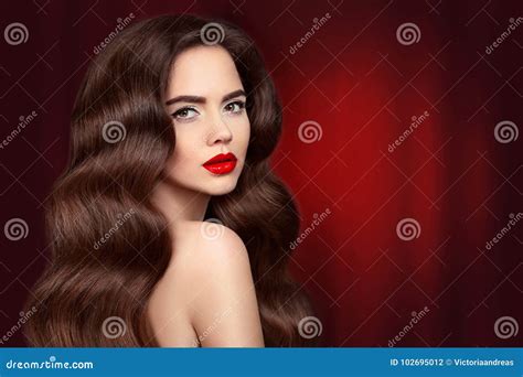 Beauty Hair Brunette Girl Portrait With Red Lips Makeup And Lon Stock Photo Image Of Curly