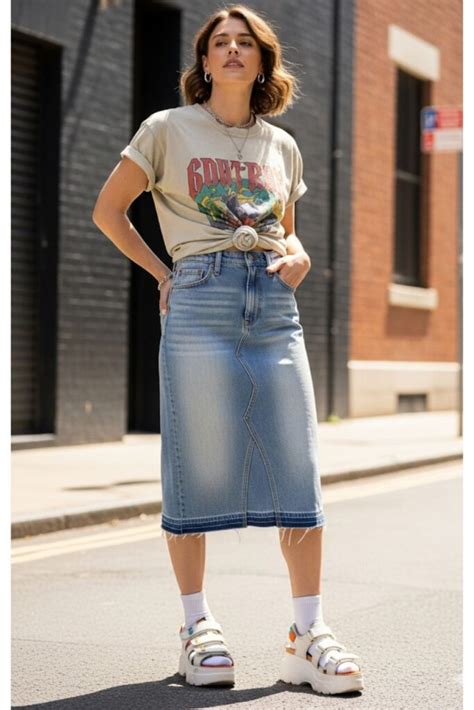 denim midi skirt outfit ideas   season  style