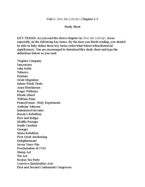 Unit 1 Study Sheet - Unit 1: Give Me Liberty!, Chapters 1- Study Sheet