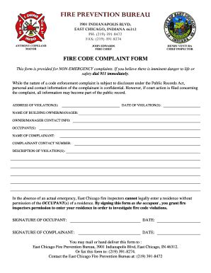 Fillable Online FIRE CODE COMPLAINT FORM City Of East Chicago Fax