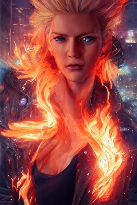 Wonderful Blonde Woman Hair On Fire With Flames Stable Diffusion