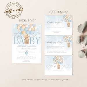 Editable Teddy Bear Hot Air Balloon Bear Theme Baby Shower Invitation